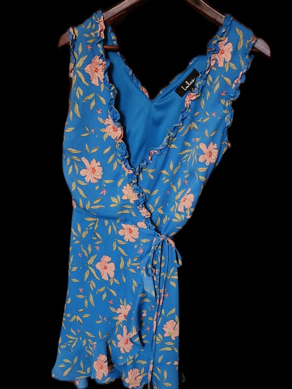 Cerulean Blue Sleeveless  Lulus Mini Wrap Dress with Floral Pattern, Size S
